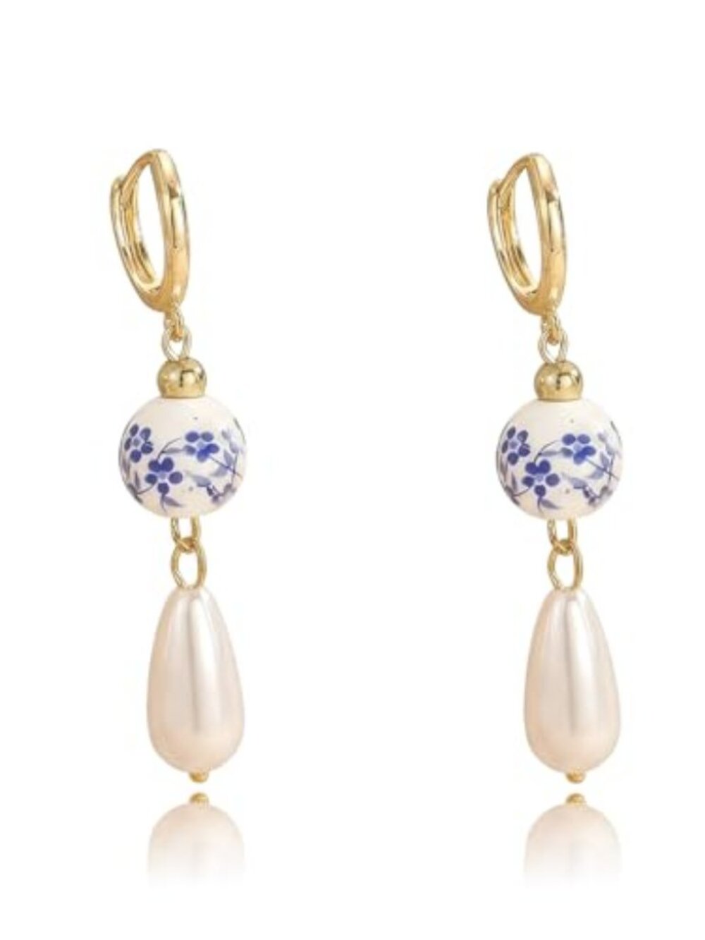 14K Gold Plated Blue White Porcelain Drop Earrings for Women, Dainty Floral